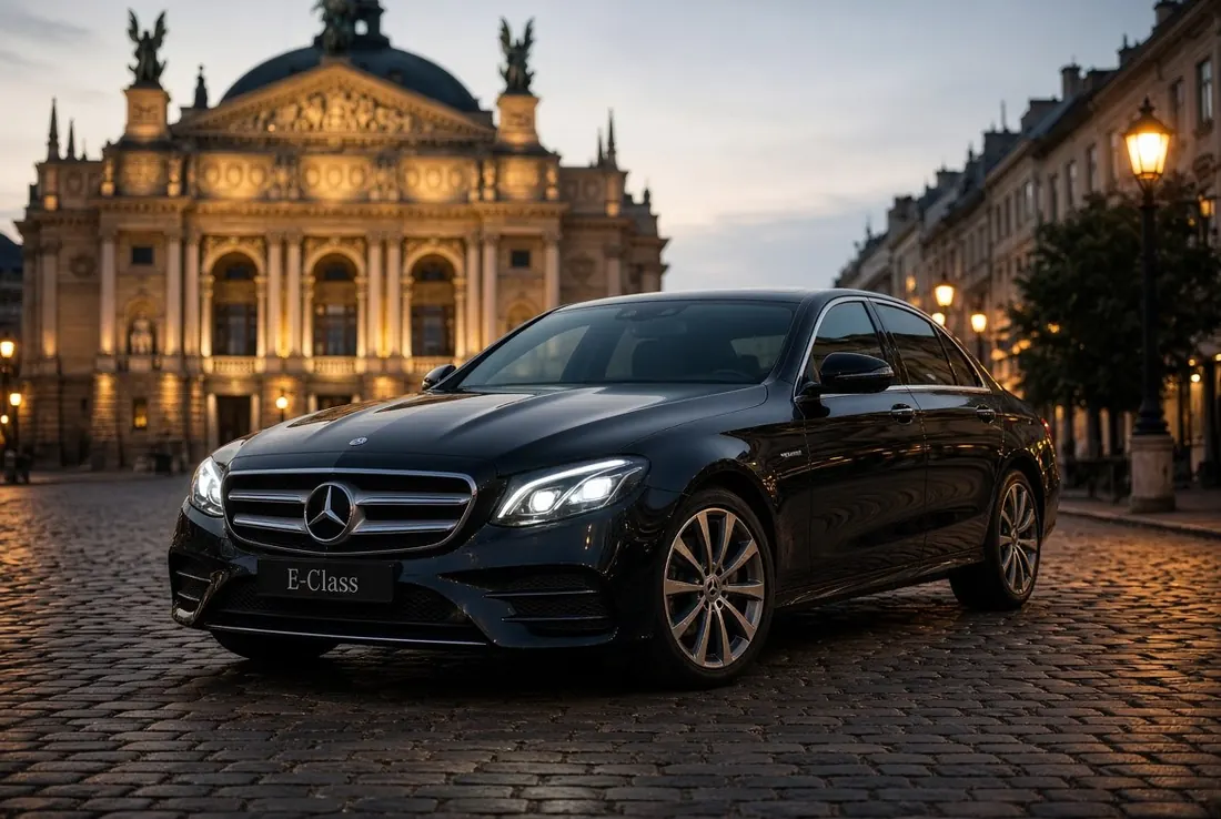 Mercedes-Benz E-Class чорного кольору на бруківці вечірнього міста