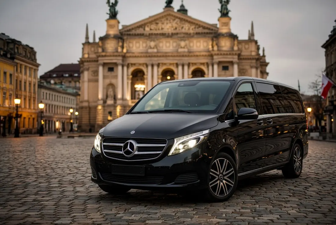 Мінівен Mercedes-Benz V-Class чорного кольору біля Оперного театру